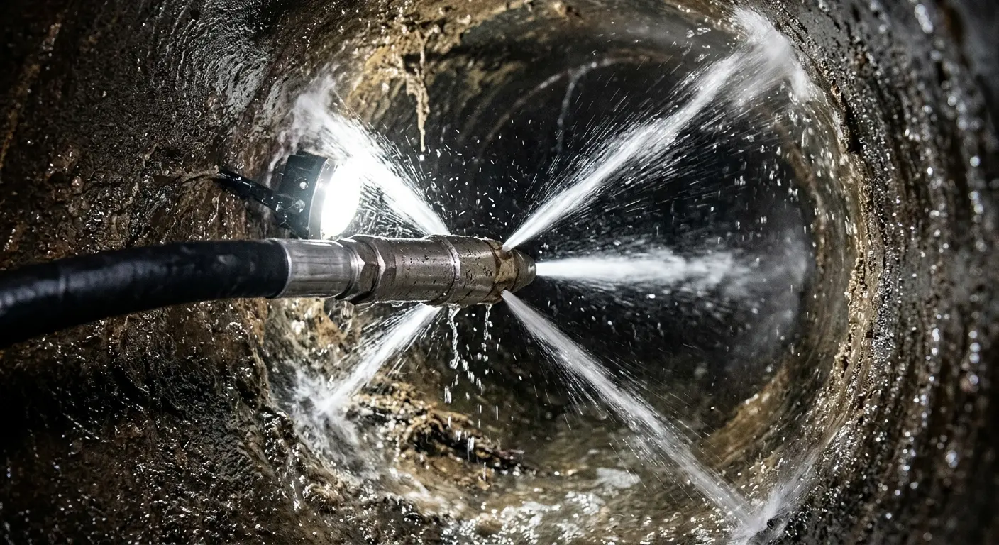 High-pressure hydro jetting nozzle cleaning sewer pipe for Trenchless Sewer Repair in Bellefontaine Neighbors