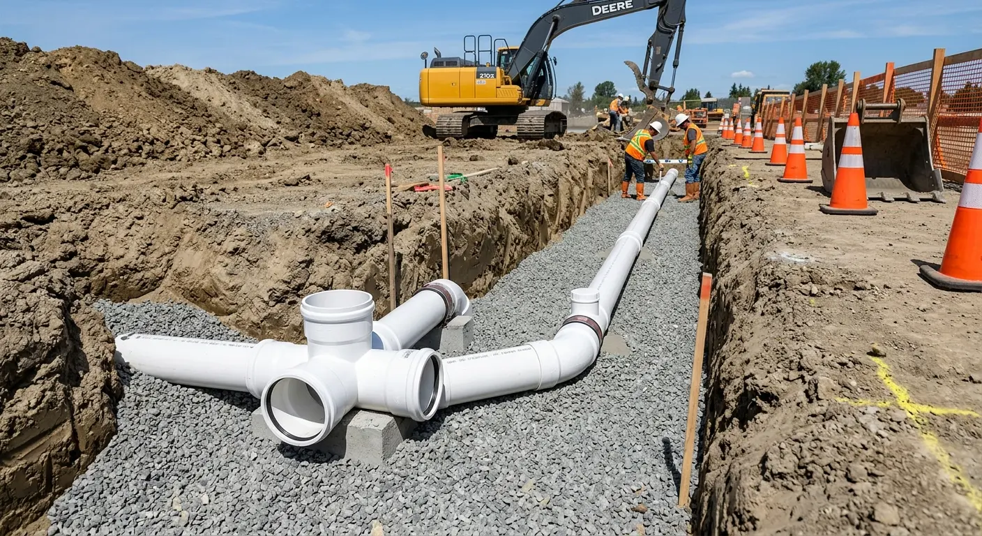 New PVC sewer pipe installation in open trench for Commercial Drain Cleaning in Bellefontaine Neighbors