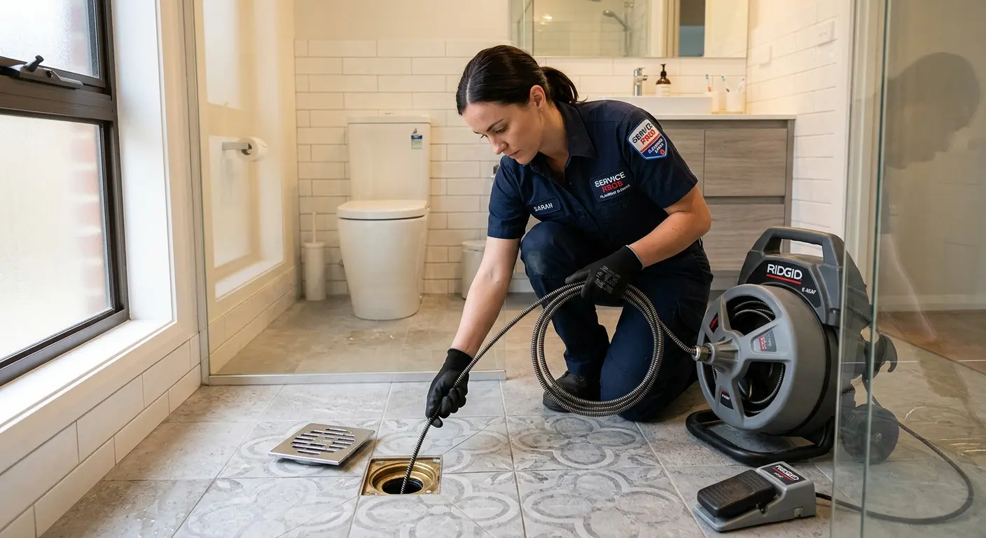 Technician clearing a bathroom floor drain for Clogged Drain Repair in Bellefontaine Neighbors